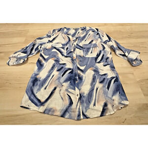 JM Collection Women 16 Blouse 100% Linen Button‎ Front Abstract Artsy Print Blue